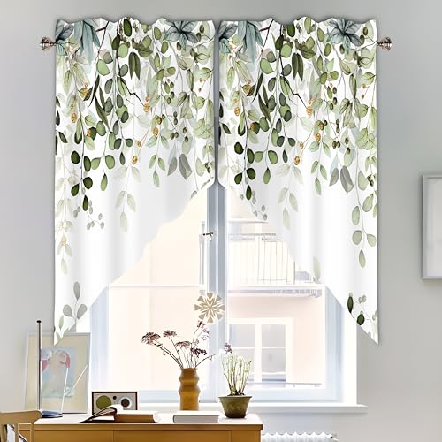 AYTTBIS Sage Green Eucalyptus Swag Curtain Valance for Windows,Watercolor Leaves Window Treatments Short Swag Topper for Kitchen Windows Bathroom Bedroom,36 x 36 Inch, 1 Pair - Image 5