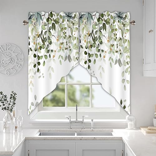AYTTBIS Sage Green Eucalyptus Swag Curtain Valance for Windows,Watercolor Leaves Window Treatments Short Swag Topper for Kitchen Windows Bathroom Bedroom,36 x 36 Inch, 1 Pair - Image 2