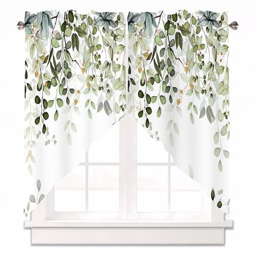 AYTTBIS Sage Green Eucalyptus Swag Curtain Valance for Windows,Watercolor Leaves Window Treatments Short Swag Topper for Kitchen Windows Bathroom Bedroom,36 x 36 Inch, 1 Pair - Image 1
