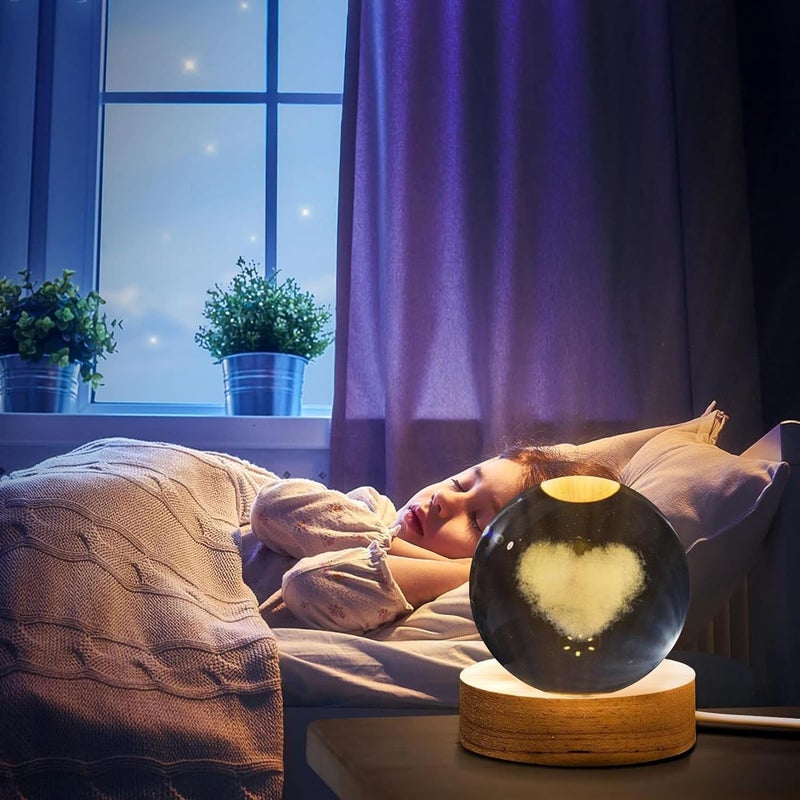 3D Heart Crystal Ball Night Lamp - Creative Engraved LED Table Light with USB and Wooden Base, Perfect for Home Office Decor and Birthdays- Warm White - Image 2