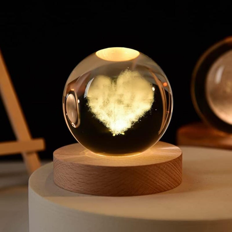 3D Heart Crystal Ball Night Lamp - Creative Engraved LED Table Light with USB and Wooden Base, Perfect for Home Office Decor and Birthdays- Warm White - Image 1