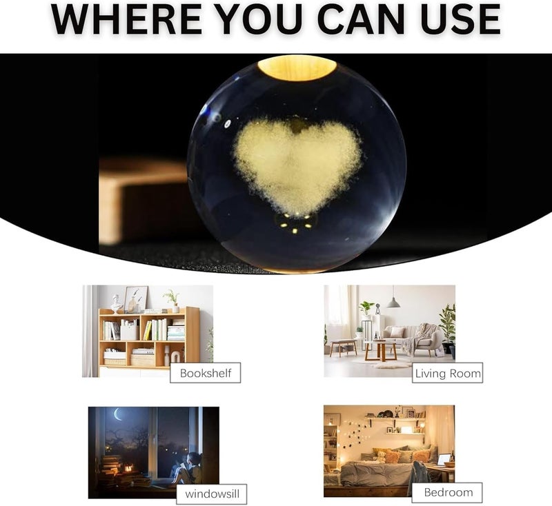 3D Heart Crystal Ball Night Lamp - Creative Engraved LED Table Light with USB and Wooden Base, Perfect for Home Office Decor and Birthdays- Warm White - Image 4