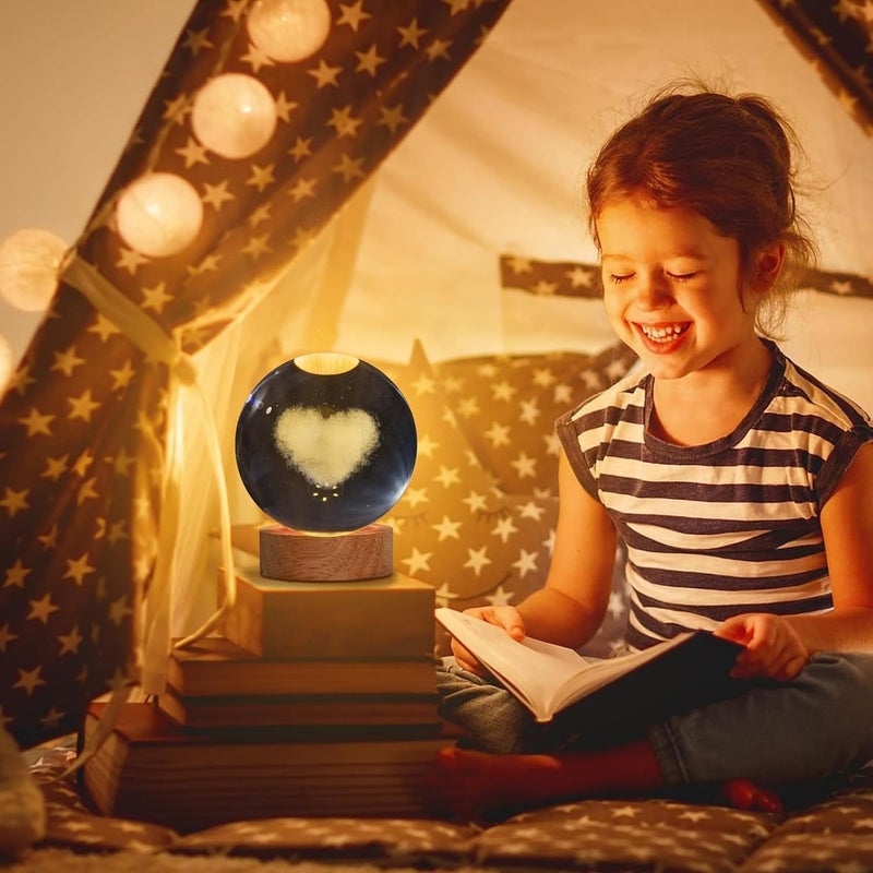 3D Heart Crystal Ball Night Lamp - Creative Engraved LED Table Light with USB and Wooden Base, Perfect for Home Office Decor and Birthdays- Warm White - Image 3
