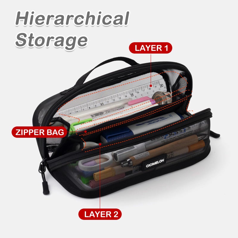 CICIMELON Mesh Pencil Pen Case Multi-Purpose Transparent Zipper Pouch for Stationery, Makeup, Travel Essentials Large Capacity Organizer Bag, Black - Image 2