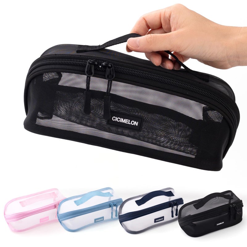 CICIMELON Mesh Pencil Pen Case Multi-Purpose Transparent Zipper Pouch for Stationery, Makeup, Travel Essentials Large Capacity Organizer Bag, Black - Image 1