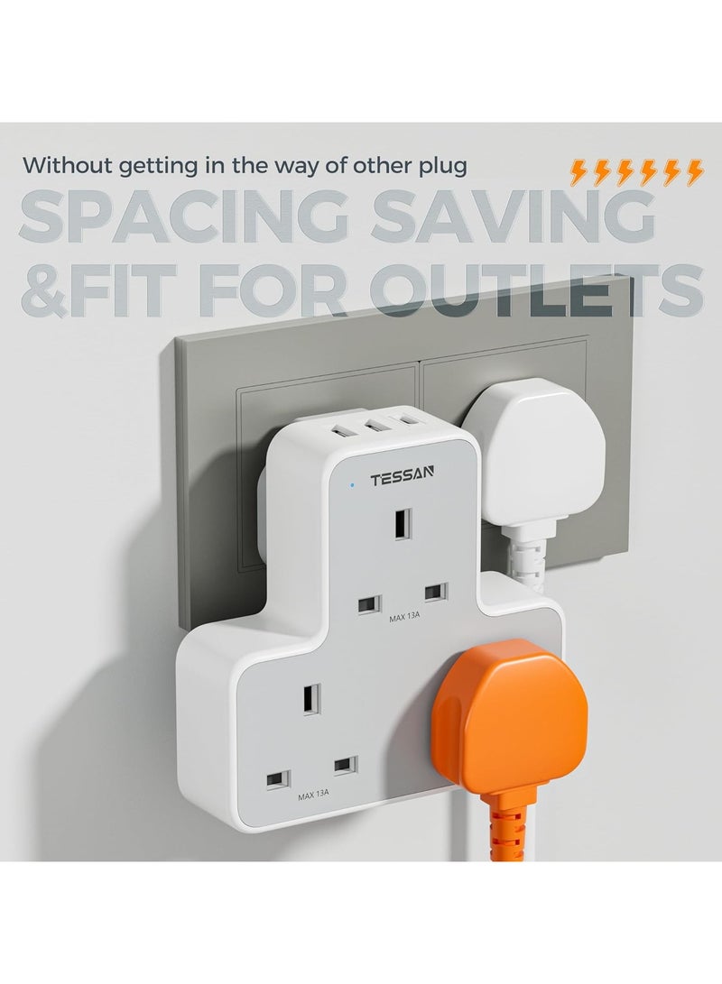 TESSAN USB Plug Charger Adapter AE With 3 USB Ports (1 USB C), 3 Way Plug Extension Socket With Multi USB Charging Station, TESSAN 6 In 1 Multi Plug Extension Socket Multiplug Extender Wall Charger, Universal Plug Adapter, Charging Station For Home, Offices & School Supplies White - Image 5