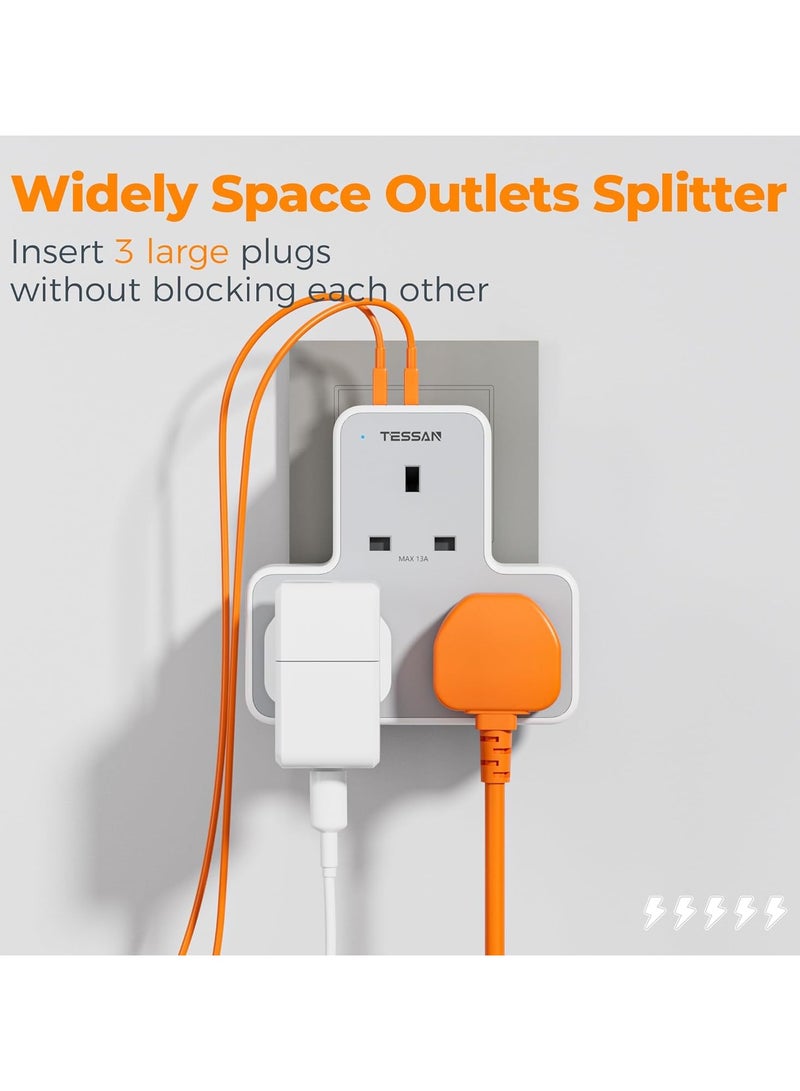 TESSAN USB Plug Charger Adapter AE With 3 USB Ports (1 USB C), 3 Way Plug Extension Socket With Multi USB Charging Station, TESSAN 6 In 1 Multi Plug Extension Socket Multiplug Extender Wall Charger, Universal Plug Adapter, Charging Station For Home, Offices & School Supplies White - Image 3