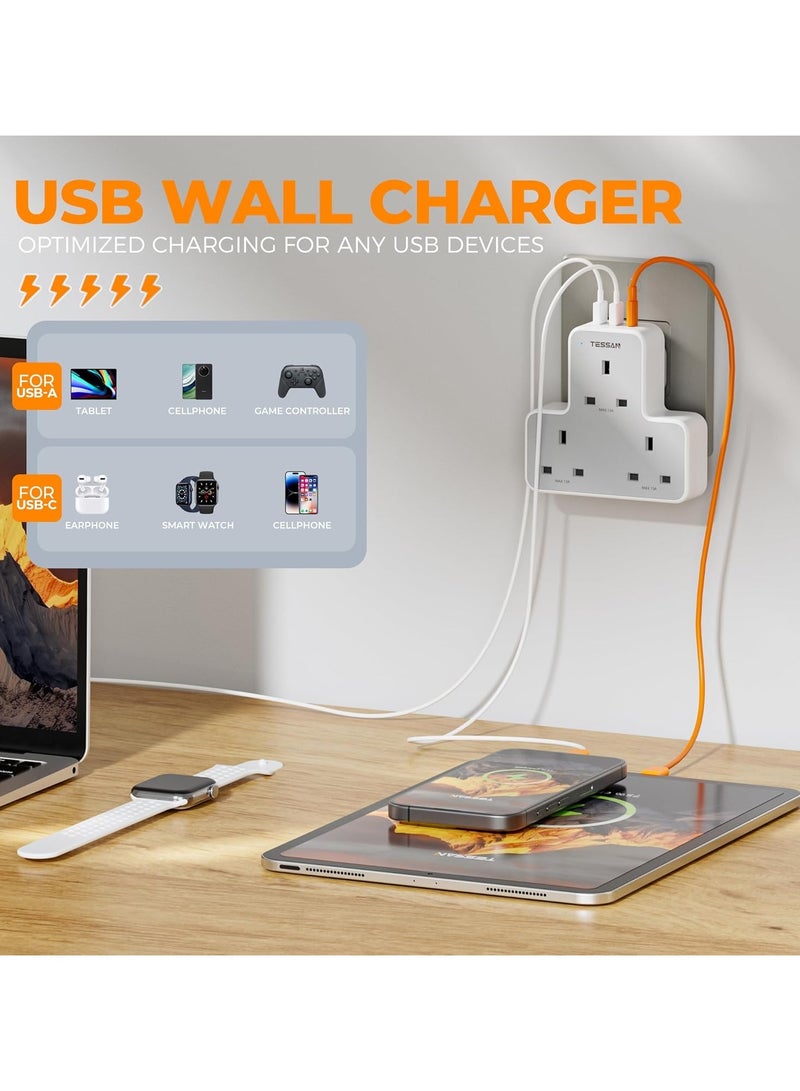 TESSAN USB Plug Charger Adapter AE With 3 USB Ports (1 USB C), 3 Way Plug Extension Socket With Multi USB Charging Station, TESSAN 6 In 1 Multi Plug Extension Socket Multiplug Extender Wall Charger, Universal Plug Adapter, Charging Station For Home, Offices & School Supplies White - Image 4