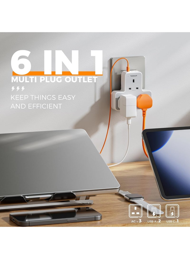 TESSAN USB Plug Charger Adapter AE With 3 USB Ports (1 USB C), 3 Way Plug Extension Socket With Multi USB Charging Station, TESSAN 6 In 1 Multi Plug Extension Socket Multiplug Extender Wall Charger, Universal Plug Adapter, Charging Station For Home, Offices & School Supplies White - Image 2