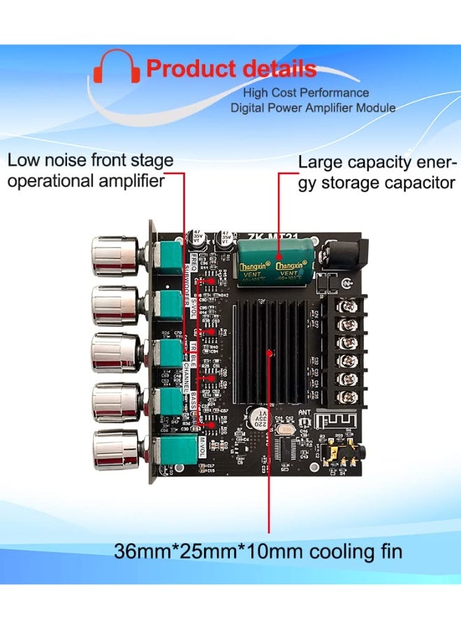 MileMelo Audio Amplifier Module SZM-MT21 2.1 Channel Bluetooth Digital Power Amplifier Board - Image 4