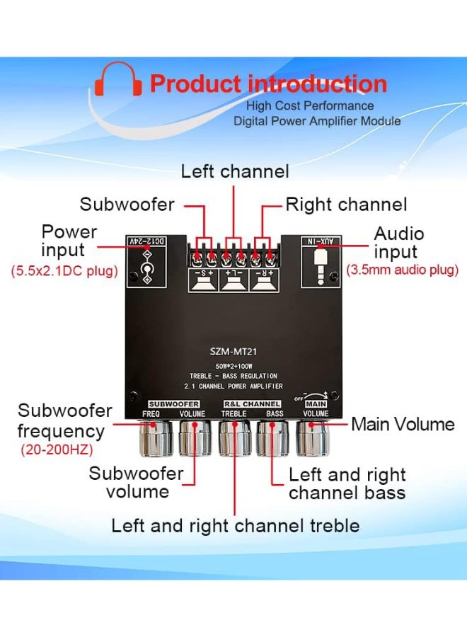 MileMelo Audio Amplifier Module SZM-MT21 2.1 Channel Bluetooth Digital Power Amplifier Board - Image 3