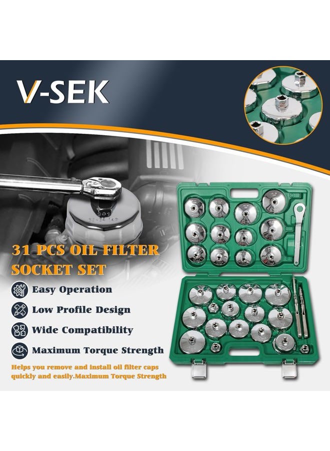 V-SEK 31 Pcs Oil Filter Socket Set, Oil Filter Cap Wrench Set, Oil Filter Cup Removal Tool 1/2" Drive Stainless Steel 27mm 32mm 36mm 64mm-101mm - Image 2