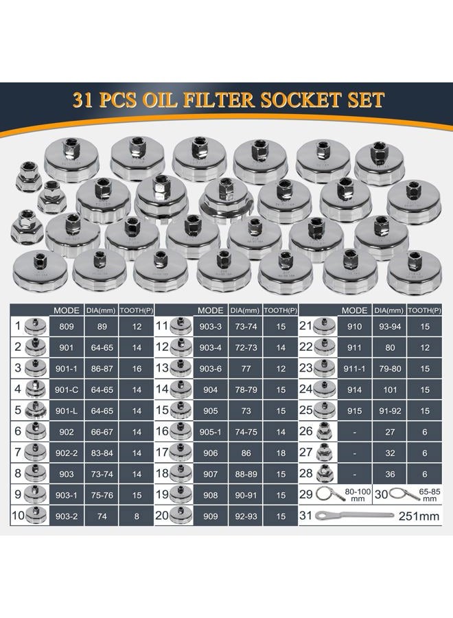 V-SEK 31 Pcs Oil Filter Socket Set, Oil Filter Cap Wrench Set, Oil Filter Cup Removal Tool 1/2" Drive Stainless Steel 27mm 32mm 36mm 64mm-101mm - Image 3