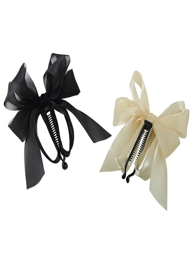 Teensery 2 Pcs Chiffon Banana Hair Clips Big Bow Hair Claw Clips No Slip Hair Barrette Clips Ponytail Holder Hair Accessories for Women Ladies Girls (Black and Beige) - Image 1