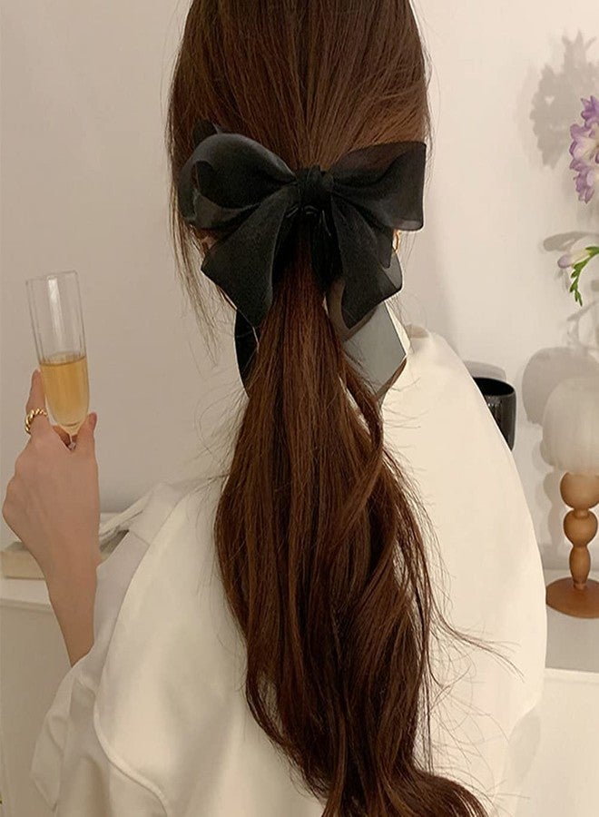 Teensery 2 Pcs Chiffon Banana Hair Clips Big Bow Hair Claw Clips No Slip Hair Barrette Clips Ponytail Holder Hair Accessories for Women Ladies Girls (Black and Beige) - Image 3