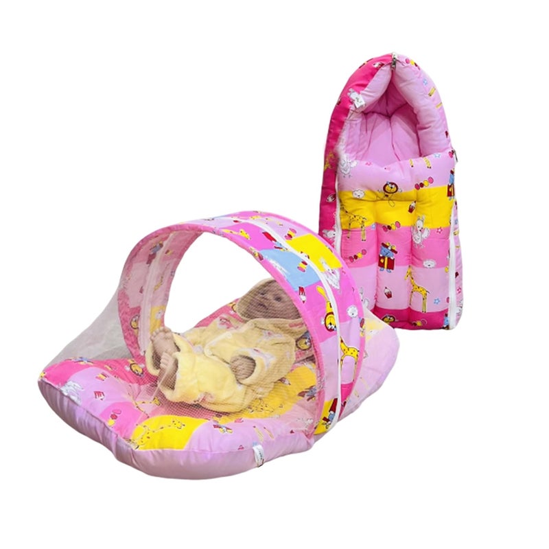 Infantbond Designer Mattress with Net Portable Bed Travel Friendly Infant Comfy Sleep Sleeping Bag for Kids Baby Carry Comfortable Set Age 06 Months Pink Giffi - Image 1
