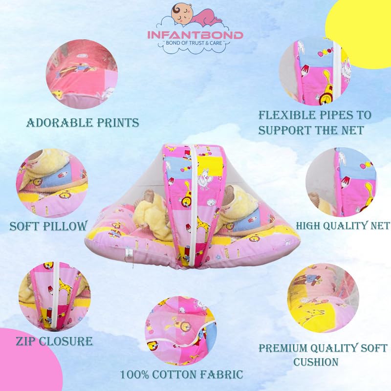 Infantbond Designer Mattress with Net Portable Bed Travel Friendly Infant Comfy Sleep Sleeping Bag for Kids Baby Carry Comfortable Set Age 06 Months Pink Giffi - Image 4