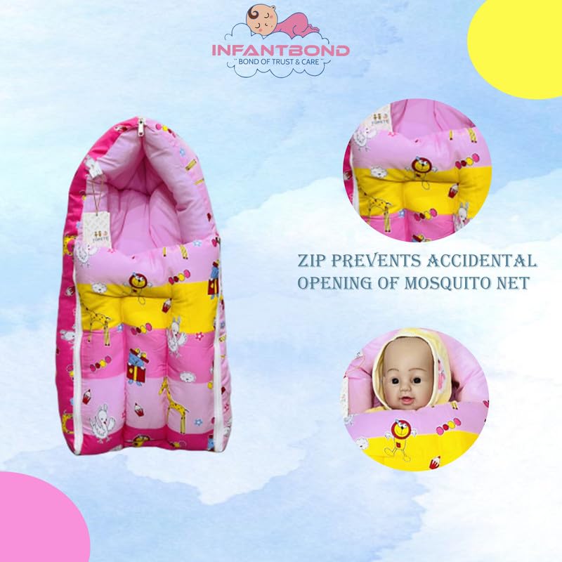 Infantbond Designer Mattress with Net Portable Bed Travel Friendly Infant Comfy Sleep Sleeping Bag for Kids Baby Carry Comfortable Set Age 06 Months Pink Giffi - Image 3