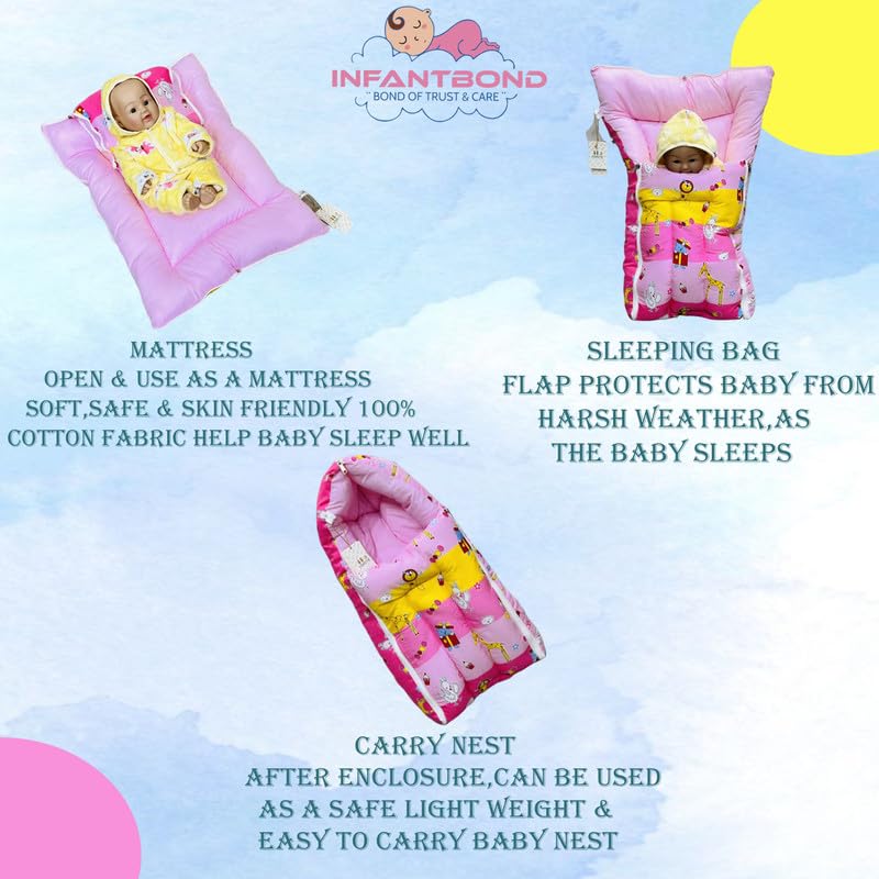 Infantbond Designer Mattress with Net Portable Bed Travel Friendly Infant Comfy Sleep Sleeping Bag for Kids Baby Carry Comfortable Set Age 06 Months Pink Giffi - Image 5