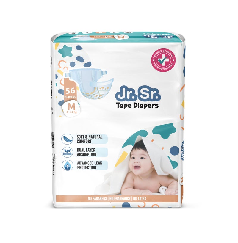 Jr. Sr. Baby Tape Style Diaper | Adjustable Fit For Babies | Medium (M) Size (6-11 kg), 56 Count | Pack of 1 | Upto 12 hr Absorption with Advanced Leak Protection | Soft & Comfy - Image 1