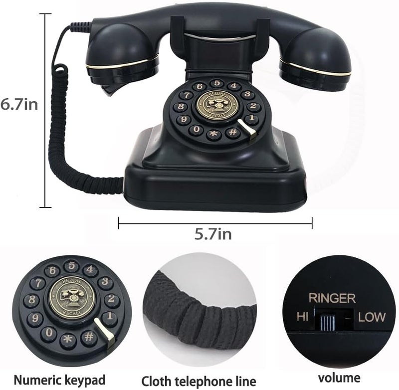 TelPal Retro Landline Phone for Home, Corded Black Old Fashion Phone, 1930's Push Button Antique Telephone, Large Button Vintage Telephone, Power Outage Safe, Redial Button, Classic Retro House Phones - Image 5