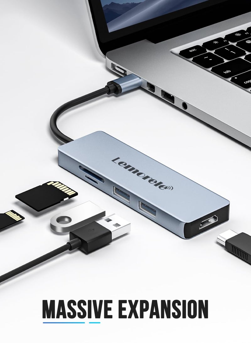 Lemorele محور USB C 5 في 1 مع منفذ HDMI 4K@30Hz، محول نوع C من الألمنيوم، 2 USB، SD/TF، لجهاز MacBook Pro/Air، نظام ويندوز (يتطلب دعم وضع DP Alt) - Image 2