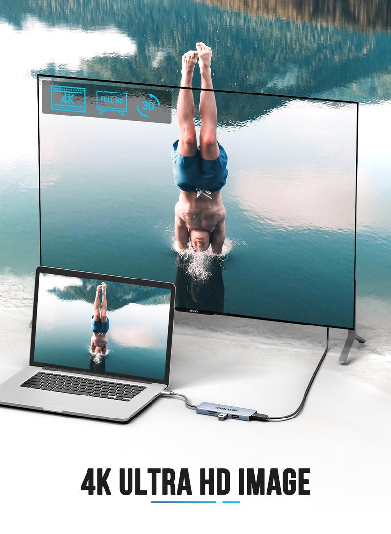 Lemorele محور USB C 5 في 1 مع منفذ HDMI 4K@30Hz، محول نوع C من الألمنيوم، 2 USB، SD/TF، لجهاز MacBook Pro/Air، نظام ويندوز (يتطلب دعم وضع DP Alt) - Image 3