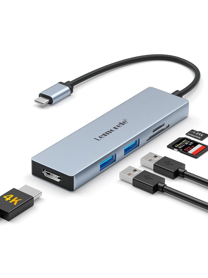 Lemorele محور USB C 5 في 1 مع منفذ HDMI 4K@30Hz، محول نوع C من الألمنيوم، 2 USB، SD/TF، لجهاز MacBook Pro/Air، نظام ويندوز (يتطلب دعم وضع DP Alt) - Image 1