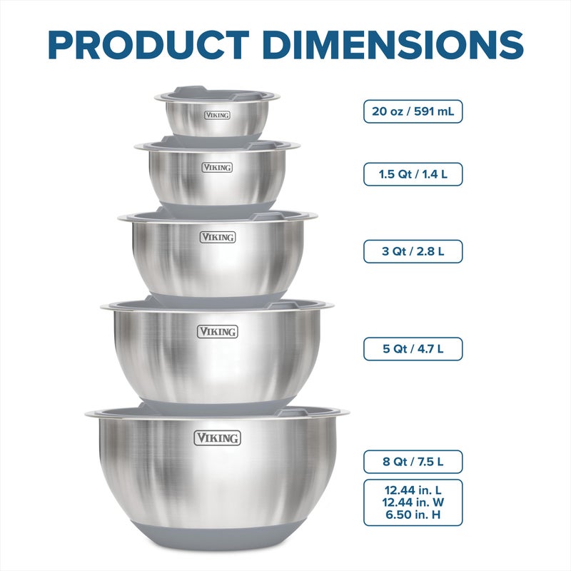 Viking Mixing Bowls Set, 10 Piece Stainless Steel Kitchen Cookware, Non-Slip Silicone Base, Includes Tight Fit Lids, Dishwasher Safe, Grey - Image 5