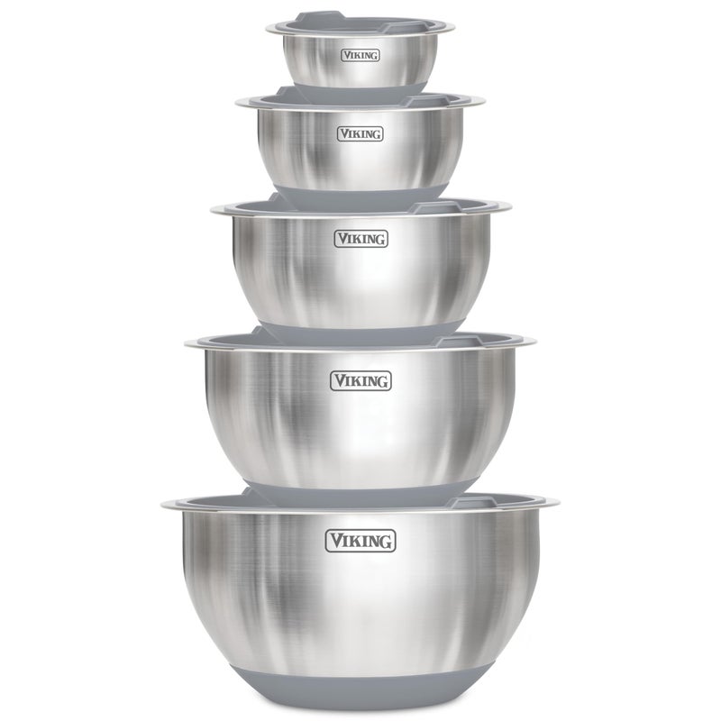Viking Mixing Bowls Set, 10 Piece Stainless Steel Kitchen Cookware, Non-Slip Silicone Base, Includes Tight Fit Lids, Dishwasher Safe, Grey - Image 1