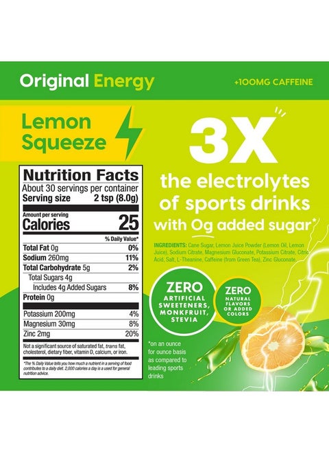 HYDRANT Energy Bulk Electrolyte Drink Mix, Caffeine & L-Theanine Rapid Hydration Mix with Real Fruit Juice Powder, Sweetened with Cane Sugar (30 Servings, Lemon Squeeze)