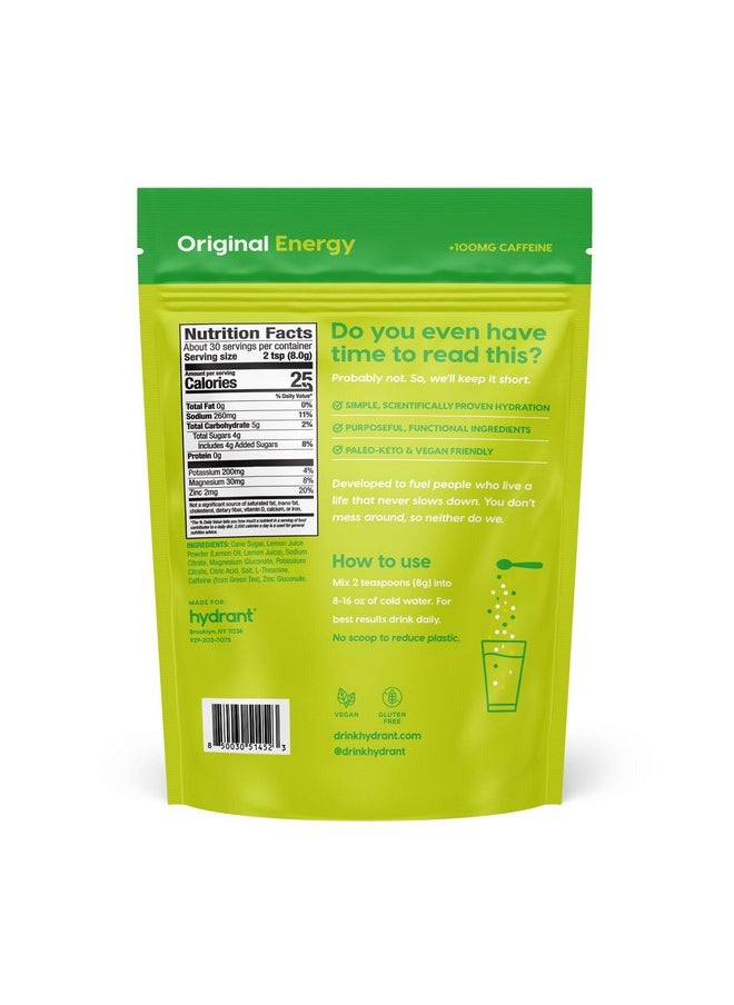 HYDRANT Energy Bulk Electrolyte Drink Mix, Caffeine & L-Theanine Rapid Hydration Mix with Real Fruit Juice Powder, Sweetened with Cane Sugar (30 Servings, Lemon Squeeze)