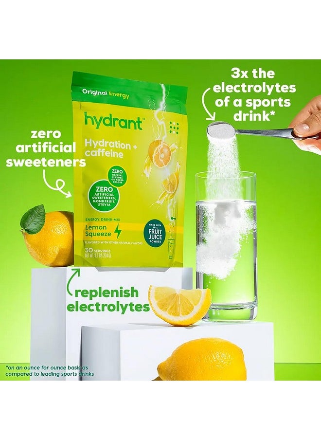 HYDRANT Energy Bulk Electrolyte Drink Mix, Caffeine & L-Theanine Rapid Hydration Mix with Real Fruit Juice Powder, Sweetened with Cane Sugar (30 Servings, Lemon Squeeze)