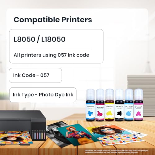 Splashjet 057 Compatible Photo Dye Ink for Epson L8050, L18050 Printer - Ink Bottle for 057 Code for Epson Inktank Printer - (70gm x C/M/Y/BK/LC/LM) (Pack of 6) Ink Bottle - 503492 - Image 3