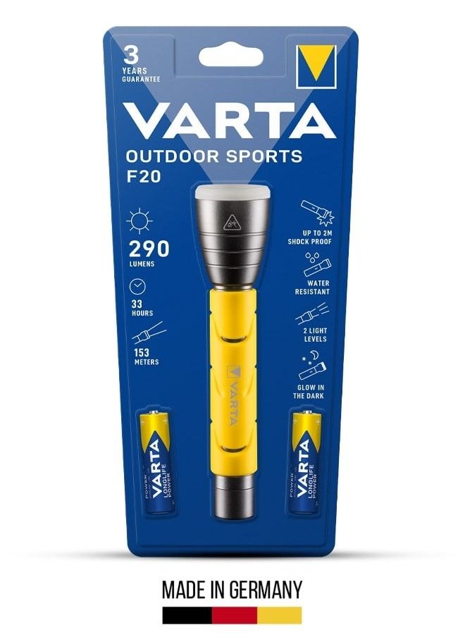 VARTA - Varta Powerful and Reliable LED Flashlight for Outdoor Sports F20 with Precision Focusing and Easy-to-Use Large Pressure Switch with 2xAA Batteries - Image 1