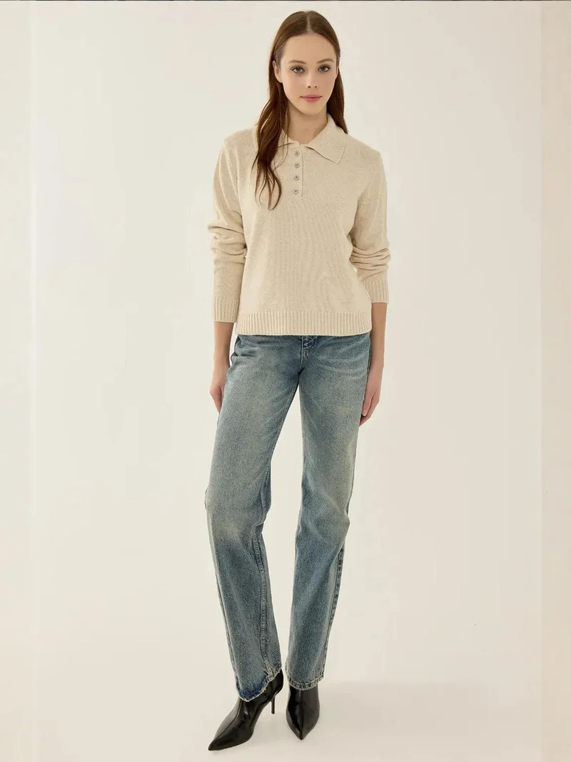 Hiccup Natural Button Collar Relaxed Fit Sweater for Women | Best Price UAE