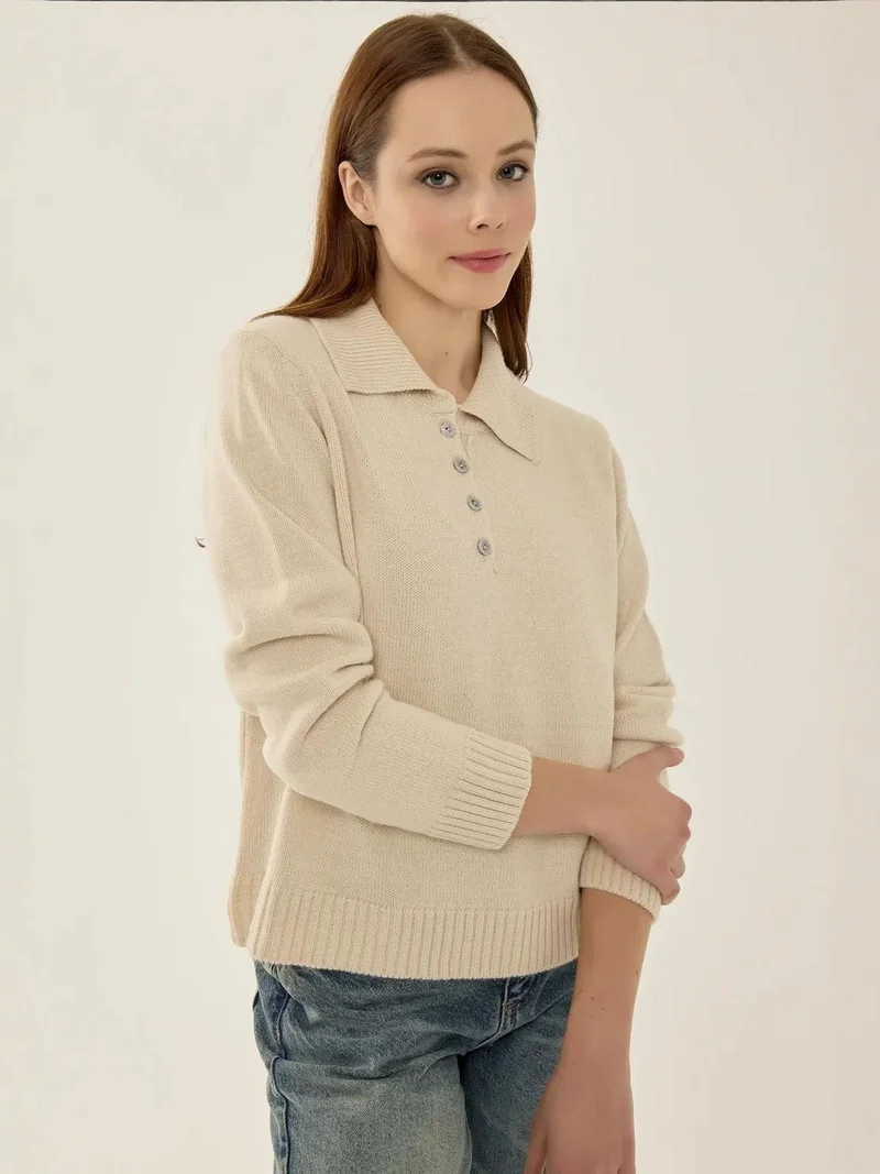 Hiccup Natural Button Collar Relaxed Fit Sweater for Women | Best Price UAE