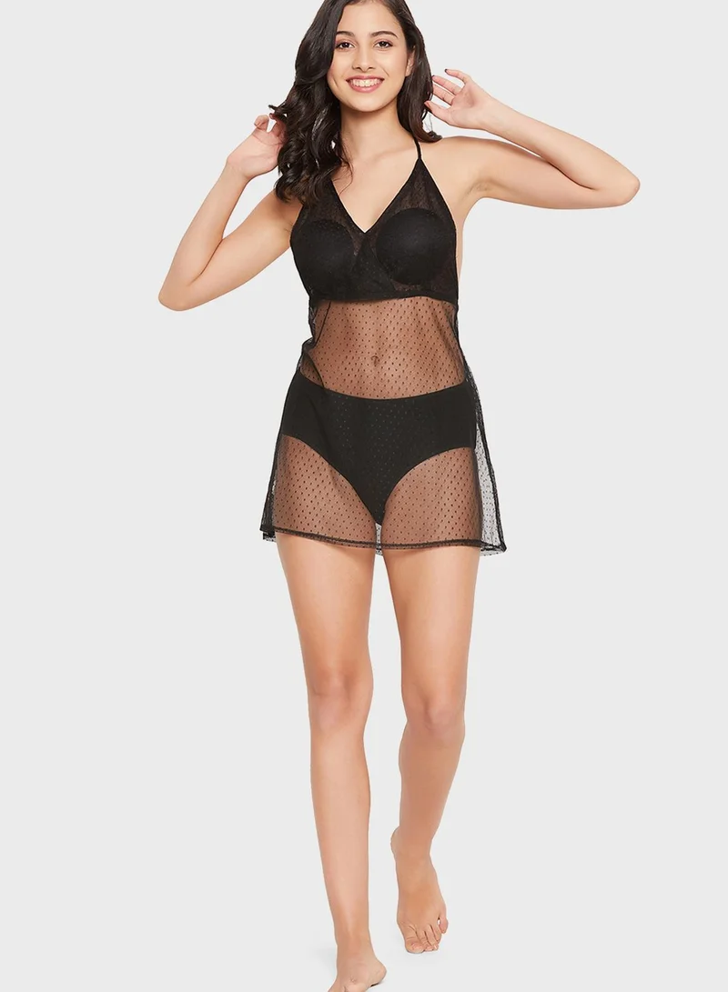Clovia Padded Self-Patterned Sheer Babydoll with Matching Thongs - Mesh
