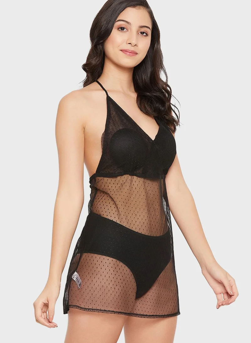 Clovia Padded Self-Patterned Sheer Babydoll with Matching Thongs - Mesh