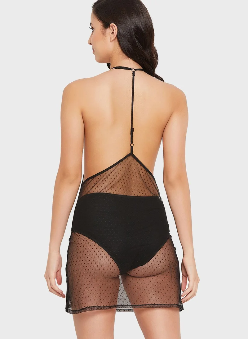 Clovia Padded Self-Patterned Sheer Babydoll with Matching Thongs - Mesh