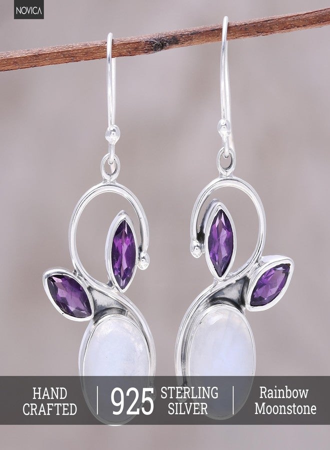 نوفيكا أقراط متدلية من حجر القمر قوس قزح المصنوع يدويًا من نوفيكا، مصنوعة من الفضة الإسترليني، مرصعة بحجر الجمشت الأرجواني الشفاف، حجر بخت الهند [1.7 بوصة طول × 0.5 بوصة عرض × 0.2 بوصة عمق]، "زهرة ضوء القمر" - Image 2