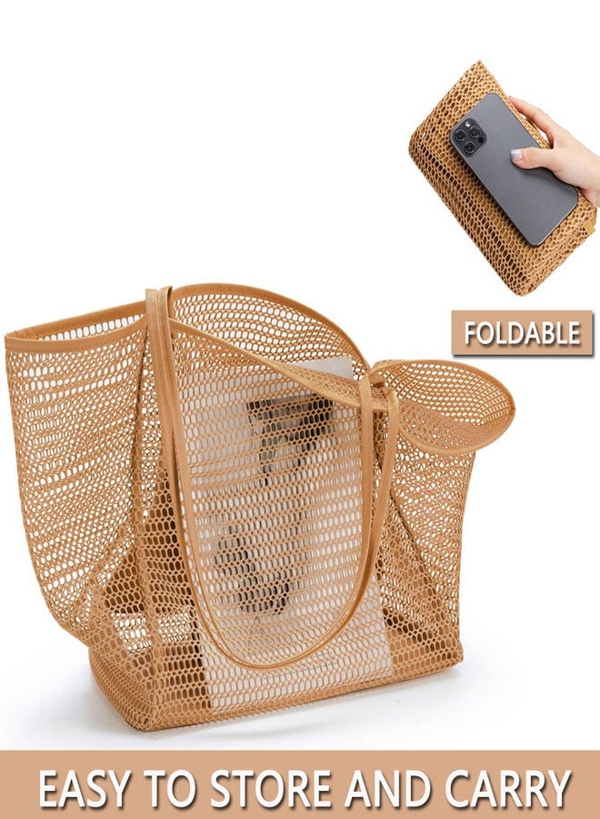 Mesh Beach Tote Bag for Women Big Capacity Shoulder Handbags Pool Bag for Beach Swimming Pools Travel Shopping Picnic(brown) - Image 4