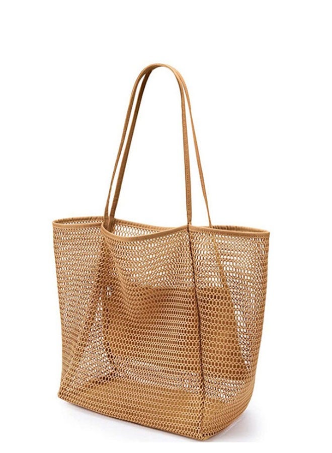 Mesh Beach Tote Bag for Women Big Capacity Shoulder Handbags Pool Bag for Beach Swimming Pools Travel Shopping Picnic(brown) - Image 1
