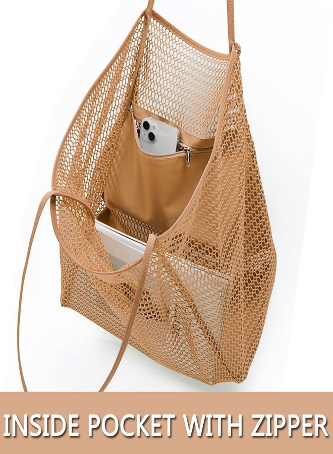 Mesh Beach Tote Bag for Women Big Capacity Shoulder Handbags Pool Bag for Beach Swimming Pools Travel Shopping Picnic(brown) - Image 5