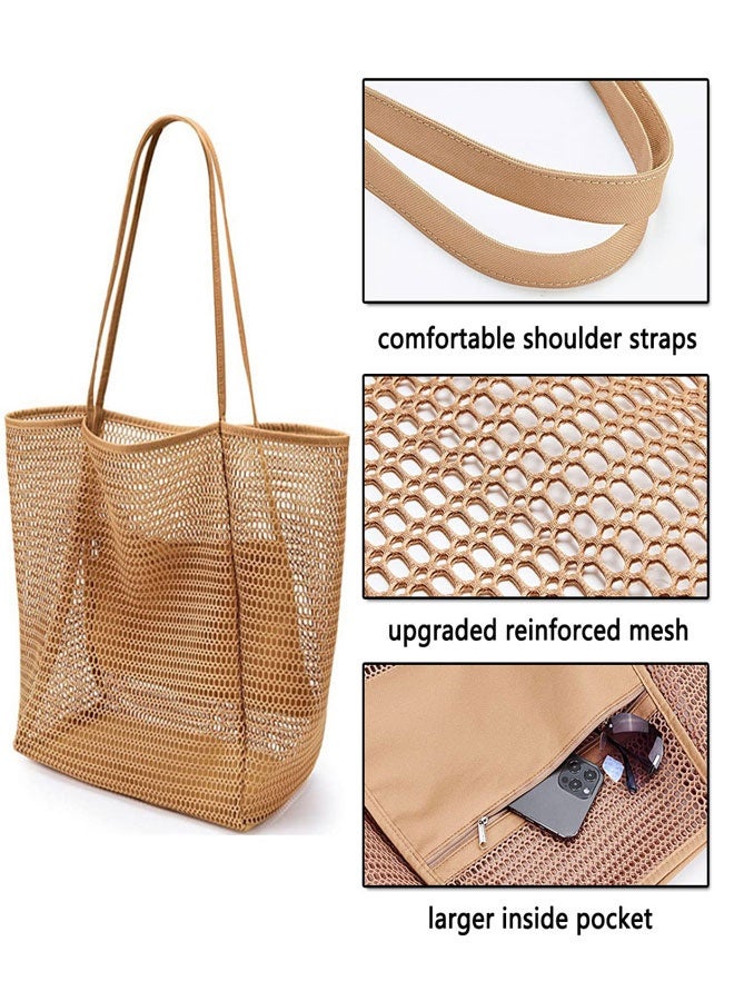 Mesh Beach Tote Bag for Women Big Capacity Shoulder Handbags Pool Bag for Beach Swimming Pools Travel Shopping Picnic(brown) - Image 3