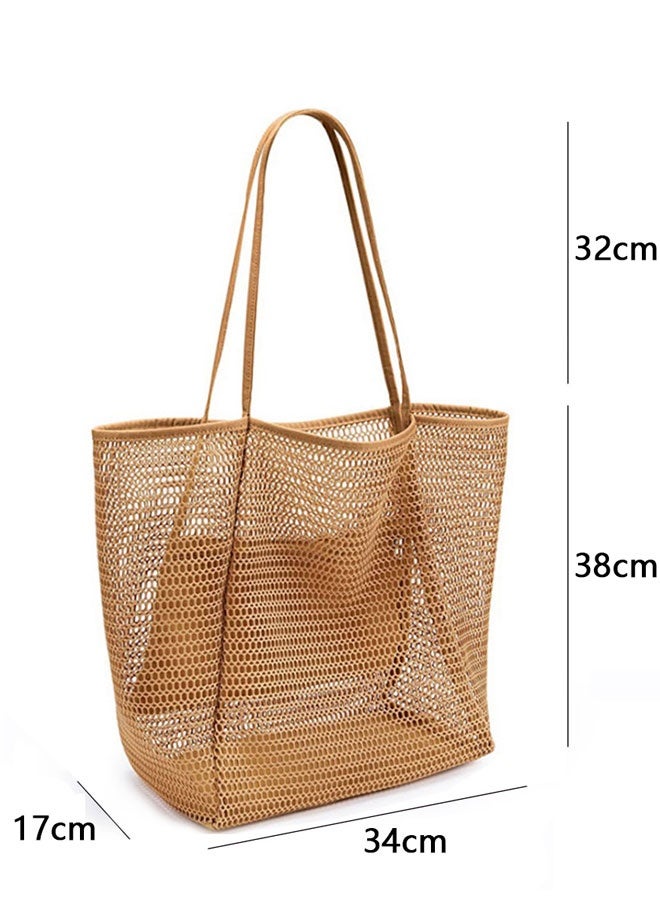 Mesh Beach Tote Bag for Women Big Capacity Shoulder Handbags Pool Bag for Beach Swimming Pools Travel Shopping Picnic(brown) - Image 2