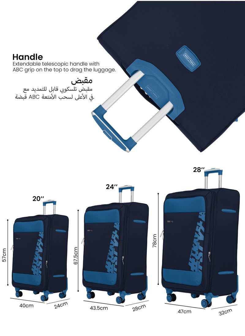 Hyper Trek 3 Pieces Set 8 Wheels Soft Luggage -Navy
