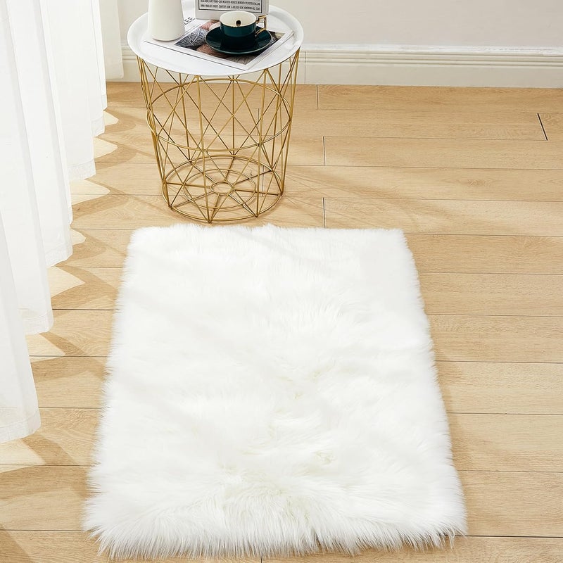 DSHXL Faux Sheepskin Fur Fuzzy Furry Rug 2x3 Ft Rectangle Small White Furry Rugs Bedside Fluffy Area Rug Fur Rugs for Bedroom Living Room Dorm Room Photography - Image 1