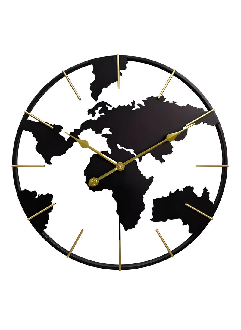 NXUS - Round Wall Clock with World Map Design, Black, for Living Room, Bedroom, Office, Kitchen - 60cm - Image 1