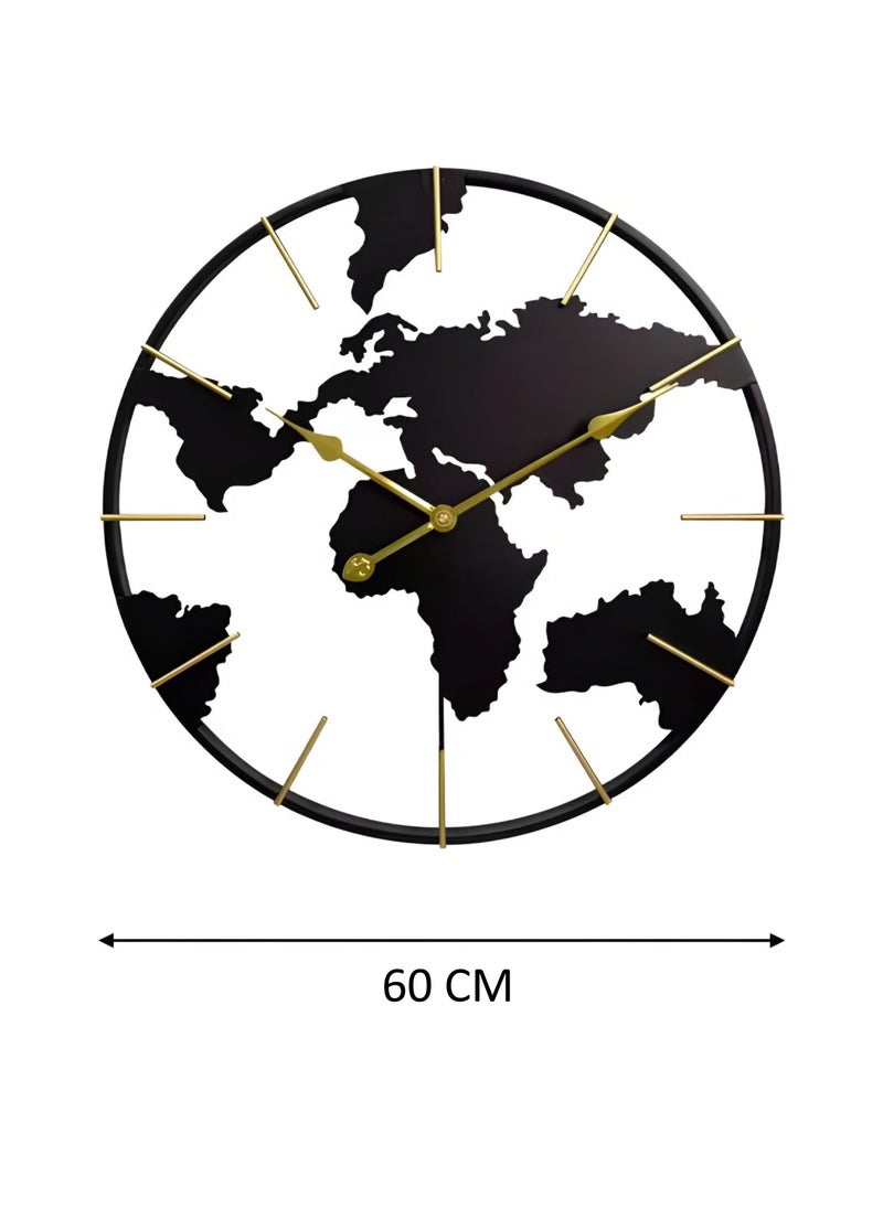 NXUS - Round Wall Clock with World Map Design, Black, for Living Room, Bedroom, Office, Kitchen - 60cm - Image 1